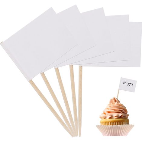 Drapeaux Cure-dents - 100 Pièces - Bois Et Papier Kraft - Étiquettes Alimentaires Vierge - Pour Buffet Et Fête - Blanc 6,5 Cm (1/5)