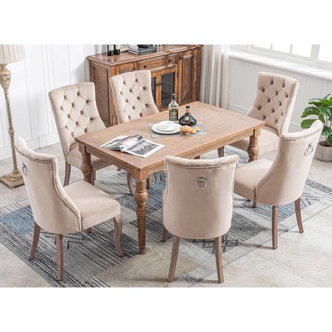 Lot de 6 chaises de salle à manger en velours - matelassage de boutons - Beige (1/5)