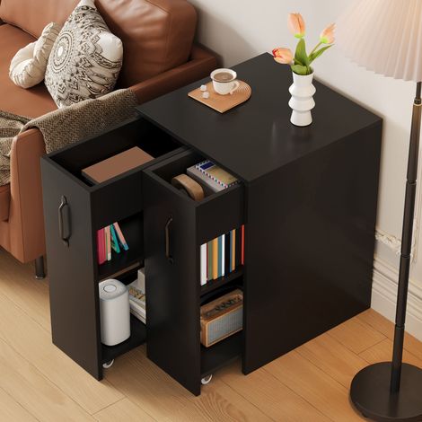 Étagère mobile sur roulettes avec tiroir coulissant latéral, grandes roulettes silencieuses, protection des bords, réversible – rangement bureau, chevet, salle de bain (1/4)