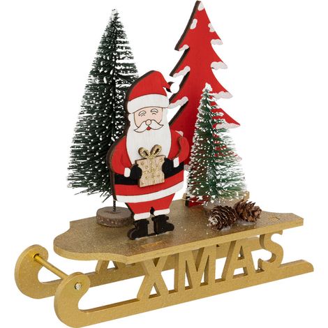 Déco de Noël Luge en bois "Xmas" doré avec Père Noël et Sapins L 19 x H 18. cm - Feeric Christmas