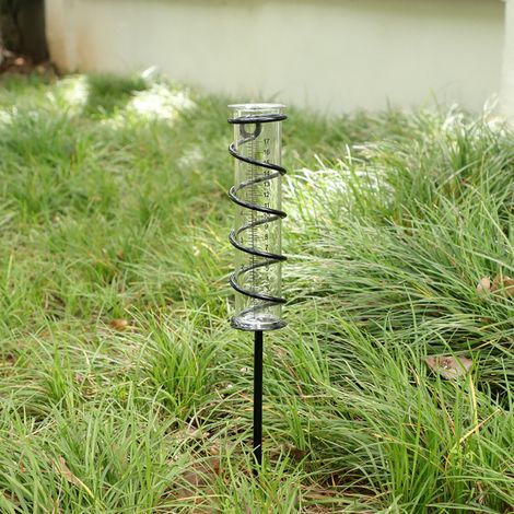 Filiyano-Pluviomètre en verre de 12 cm, en spirale, avec cadre en métal et gobelet doseur. Décoration pour jardin, pelouse et cour. (1/4)