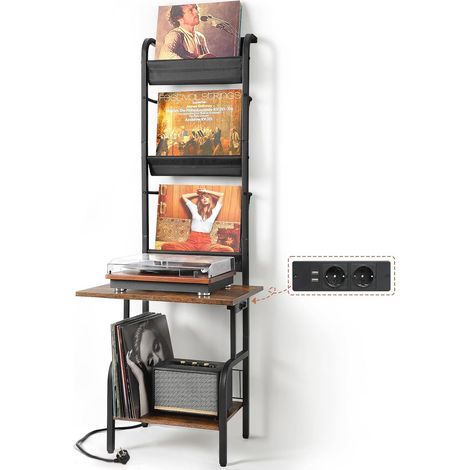 Support Vinyle Rangement avec Prise de Courant – Support Platine Vinyle pour Jusqu’à 200 Albums, Table de Tourne-disque Vintage, Étagère de Rangement pour Disques et Stéréo (1/5)
