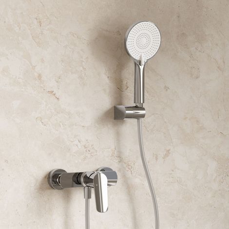 EVERSTEIN Aufputz-Duscharmatur Chrom, Einhebelmischer aus Messing, 120-mm-Handbrause mit 3 Strahlarten, Schlauch, Wandhalter, 150-mm-Anschlussabstand (1/5)