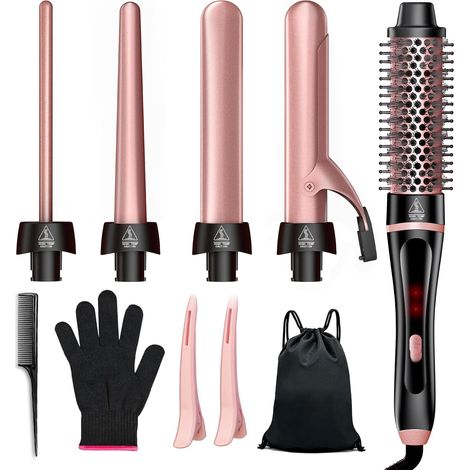 5 in 1 Curling Wand Set with Thermal Brush and 4 Interchangeable Ceramic Curling Rings (0.35-1.25 inches) - Fast Heating Double Voltage Hair Curler for Women (1/5)