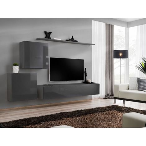 Ensemble mural - Switch V - 1 vitrine carrée - 1 banc TV - 1 étagère - Graphite - Livraison gratuite