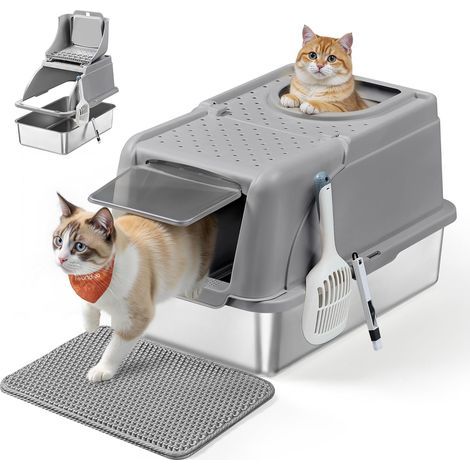 Katzentoilette, Edelstahl, Schwingdeckel, Doppeleingang, große Größe, auslaufsicher, mit Schaufel und Bürste (1/5)