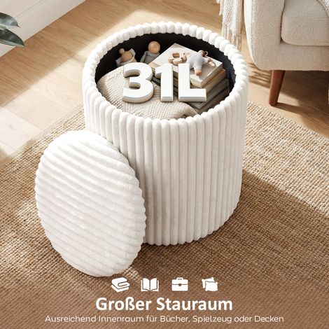 Pouf coffre à couvercle réversible, tabouret moderne en velours côtelé blanc, parfait pour salon et chambre.