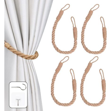 Set mit 4 Vorhanghaltern mit dekorativem, handgefertigtem, gedrehtem Hanfseil für Vorhänge (Khaki, 4) (1/5)