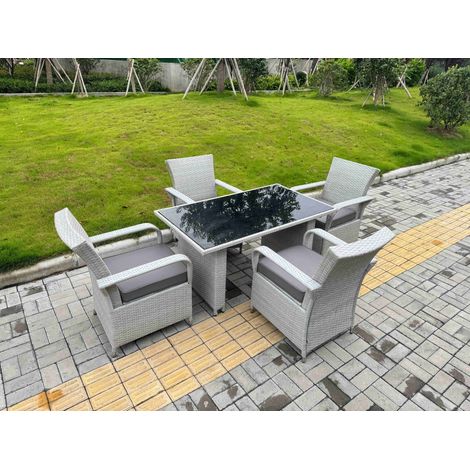 Fimous Light Grey Rattan Outdoor Garden furniture Set Black Tempered Glass Dining Table and 4 Chairs Set with Seat Cushion (1/4)
