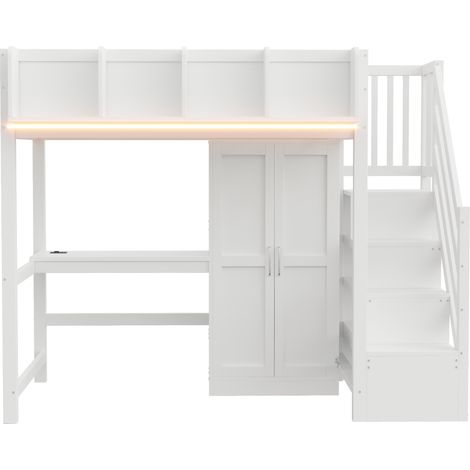 GagaLit mezzanine 90 x 200 cm bureau armoire LED blanc (1/5)