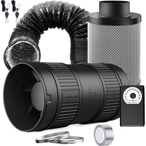 100mm Kit de Ventilation Ventilateur Tubulaire 221 m³/h avec régulateur de Vitesse, Filtre à Charbon Actif, Tuyau d'évacuation d'air - Système de Ventilation pour Tente de Culture (1/5)