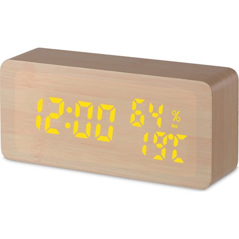 Sveglia in legno, visualizzazione di ora/temperatura/umidità/data, 115 colori, LED, messaggi vocali, 2 porte USB, alimentazione tramite USB/batteria