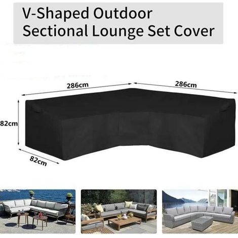 Waterproof V-shaped corner sofa cover for garden lounge, dimensions: 286 x 286 x 82 cm.