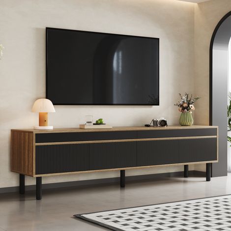 Meuble TV debout 170 cm– 2 espace de rangement –Pieds métalliques noirs – Style moderne et minimaliste noir + naturel (1/5)