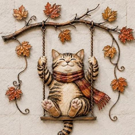 New Acrylic Autumn Cat Metal Wall Decor - Swinging and Standing Cat Design Wall Sticker - Style B - 2020cm