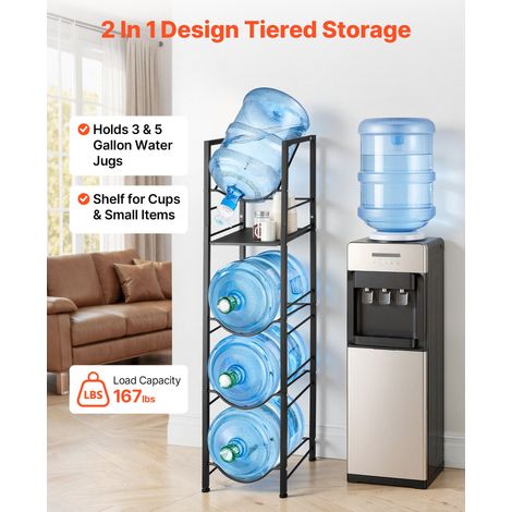 Support de Bonbonne d'Eau, Rack de Rangement pour 4 Bidons de 11L et 19L, 5 Niveaux avec Étagère de Rangement, Cadre en Métal, Pied… (1/5)