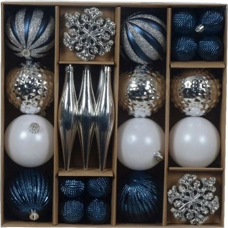 Boules de Noël, lot de 46, bleues, argentées et blanches, motifs variés (1/2)