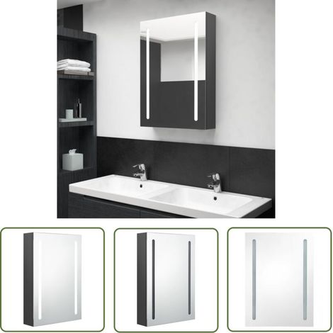 The Living Store Armoire de salle de bain à miroir LED gris 50x13x70 cm - Armoire Salle De Bain - Meuble Salle De Bain - Miroir Led - Éclairage Vanity - Rangement Salle De Bain