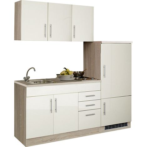 Single-Küchenzeile mit Kühlschrank 180 cm TERAMO-03 Hochglanz Creme/Eiche-Sonoma B x H x T ca. 180 x 200 x 60cm (1/5)