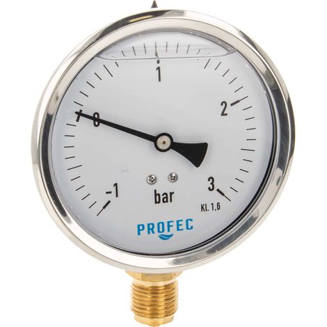 Profec Manometer -1 bis 3 bar, Glyzeringefüllt, Ø 100 mm, 1/2 Zoll Anschluss nach unten Radial