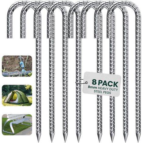Lot de 8 Sardines de Fixation Résistants - 30 cm Ancrages au Sol en Acier Galvanisé - avec Crochet en J pour Tente, Trampoline
