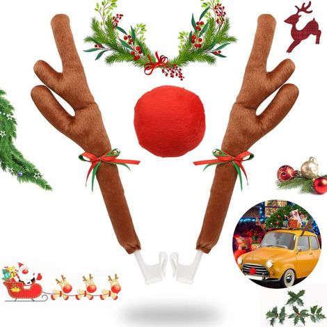 Renna in legno per decorazione auto, renna di Natale Rudolph con corna e naso per decorazione auto natalizia, regali divertenti di Natale per auto e veicoli, con campanelli