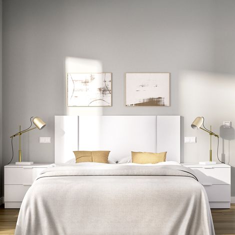 Cabecero Carson, 2 mesitas incluidas, plaza y media, estructura marrón, 34x237 cm blanco (1/5)