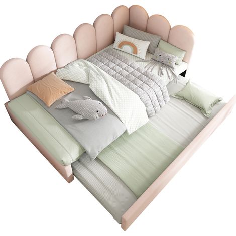 Lit avec rangement gigogne 90x200 cm en velours rose, sommier à lattes inclus, lit tiroir 90x190 cm (1/5)