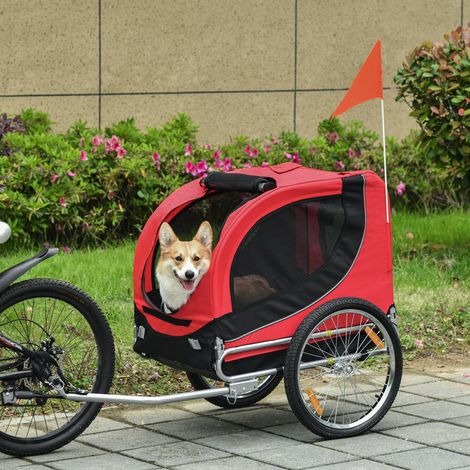 Remorque à vélo pour chien taille moyenne - 130x73x90 cm - fenêtres latérales - drapeau - acier et Oxford - point d’attache - rouge et noir