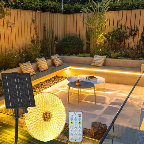 Solar LED Strip Outdoor, 10 m Flexible LED Strip with Remote Control, Dimmable, 8 Modes, 640 LED, IP68 Waterproof, for Gardens, Pavilion, Balcony, Driveway, Warm White (1/5)