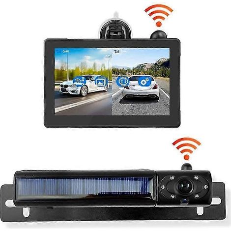 Système de caméra de recul solaire sans fil avec moniteur HD 1080p de 5 pouces, batterie de 5 000 mAh, écran partagé, étanchéité IP69K pour camions, camping-cars et SUV (1/5)