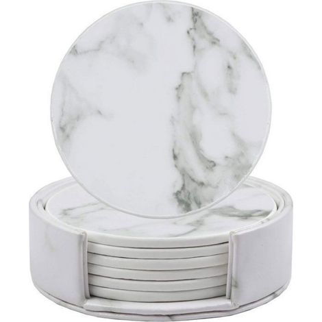 Lot de 6 dessous de verre ronds en céramique effet marbre blanc avec support de rangement - 10 cm - Protège votre table (1/4)