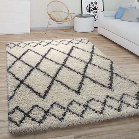 Paco Home Hochflor Teppich Wohnzimmer Shaggy Langflor Modernes Boho Skandi Rauten Muster 120 cm Rund, Creme 3