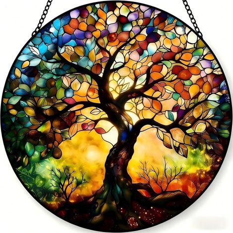 Acchiappasole in Acrilico Albero della Vita 20x20 cm, Decorazione per Finestra da Appendere con Catena, Acchiappasole in Vetro Colorato per Soggiorno, Giardino, Camera da Letto, Regalo Decorativo Orig (1/5)