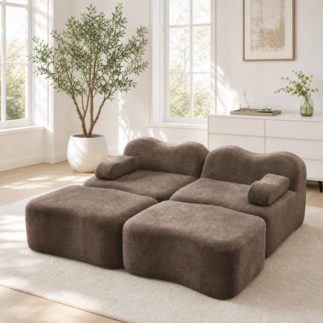 Divano modulare 2 posti con 2 pouf, schiuma 32D, velluto marrone, OKWISH (1/5)