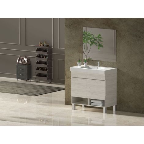 Set da bagno NEBARI con gambe - 7 colori diversi - 15 misure - 2 ante o un cassetto a scelta - Include mobile, lavabo e specchio Bianco Nordico 70x45Cm