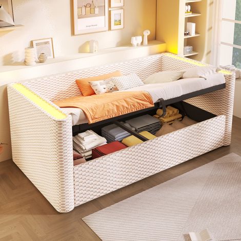 Lit superposé 90 x 200 cm + 140 x 200 cm - structure en fer - avec LED - avec barrières de sécurité et échelle - blanc (matelas non inclus) (1/5)