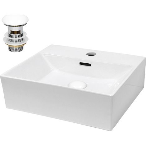 ECD Germany Lavabo da Appoggio con Set di Scarico 415 x 360 x 130 mm Ceramica Bianca Rettangolare Lavandino con Troppopieno con Fori di Dimensioni Standard Lavamano da Bagno con Piletta (1/5)