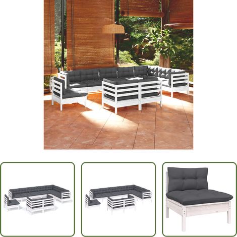 vidaXL Canapé d'angle - Salon de jardin 10 pcs avec coussins blanc bois de pin massif (1/5)