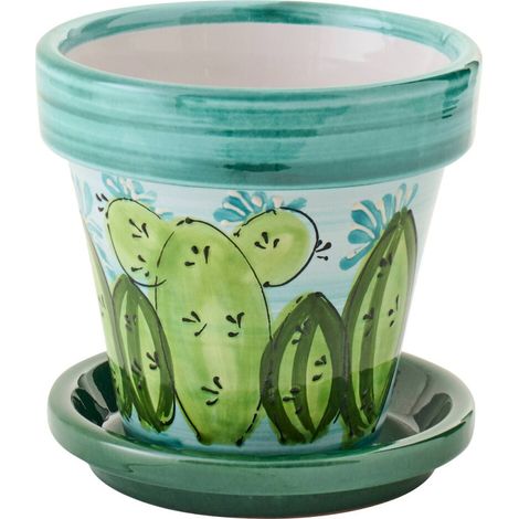 Cache pot en poterie à motif cactus - multicolore à dominante verte (1/3)