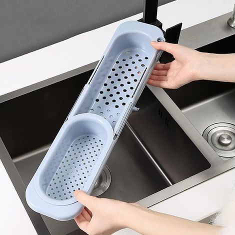 Support Télescopique De Vidange D'évier, Rangement Evier avec Porte-Serviettes, Support de Savon De Stockage Extensible éponge égouttoir Plateau d'évier pour Cuisine à Domicile (Bleu) (1/4)