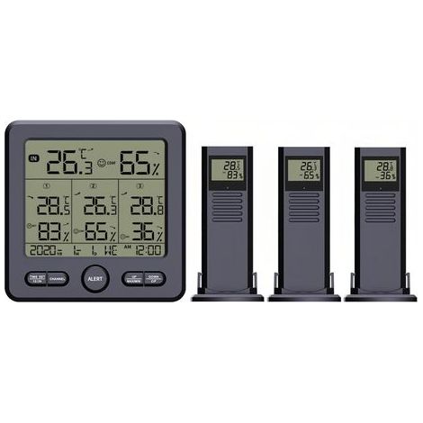 Thermomètre Hygromètre Numérique avec 3 Capteurs Sans Fil Écran LCD Rétroéclairé Température Humidité Station Météo Heure Date Semaine Alarme Dépassement de Limite pour Intérieur Extérieur (1/5)