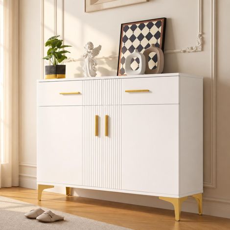 Buffet bas, 80x35x79.5 cm, commode meuble de rangement pour salon couloir salle à manger, avec 2 portes et 2 tiroirs pieds et poignées dorés, Blanc (1/5)