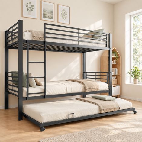 Litera 90x200 con cama nido, metal negro, 3 plazas, certificada EN 747 HAVRYA