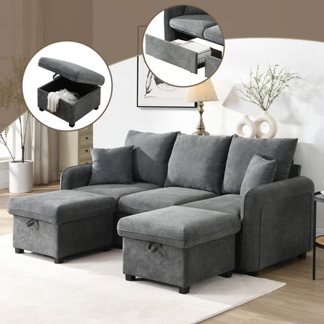 Multifunktionales U-förmiges 3-Sitzer Ecksofa, 2 Hocker mit Stauraum, Schlaffunktion, Chenille-Stoff