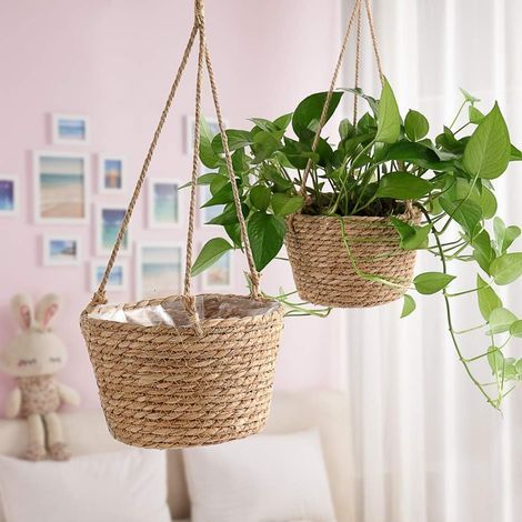 Maceta colgante marrón, diámetro 20 cm, altura 13 cm, 2 cestas plegables de encaje para plantas suculentas (1/5)