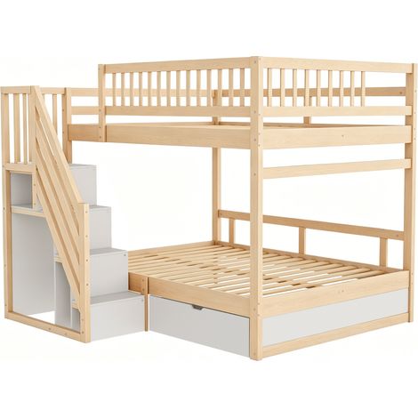 Cama litera de madera 140 x 200 cm con escalera de almacenaje, cajones y barreras (1/5)