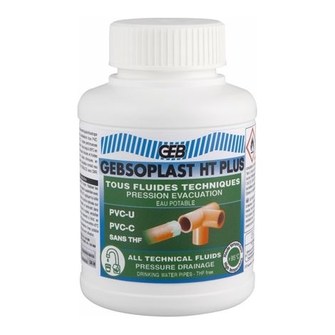 GEB – Colle multi-usage haute performance pour PVC-U/C souple blanc – 250ml avec pinceau – Tenue à 95 °C – Contact eau potable