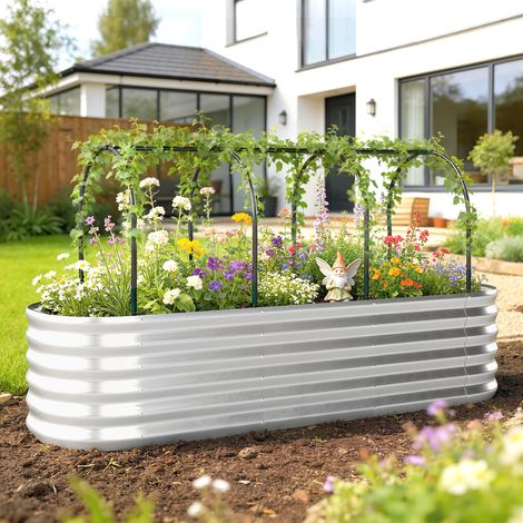 Argenté 200x60x103 cm - Grande jardinière extérieure doté de couverture de serre et grillage à base ouverte pour terrasse