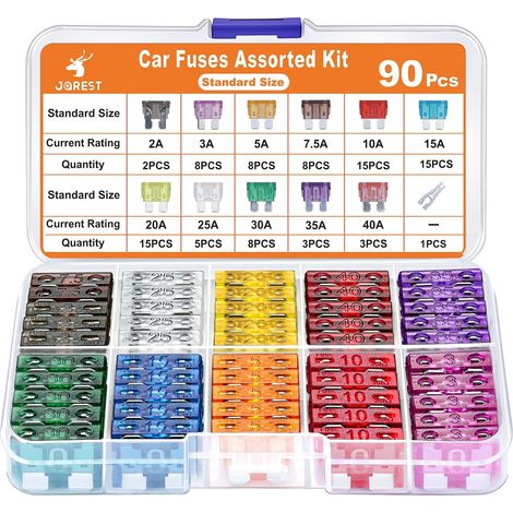 Fusible Voiture Set - 90Pcs Moyenne Fusibles Automobile + 1Extracteur, Plats Fusible Voiture pour Auto Truck/RV/Camion/Moto (2A 3A 5A 7.5A 10A 15A 20A 25A 30A 35A 40A) (1/5)